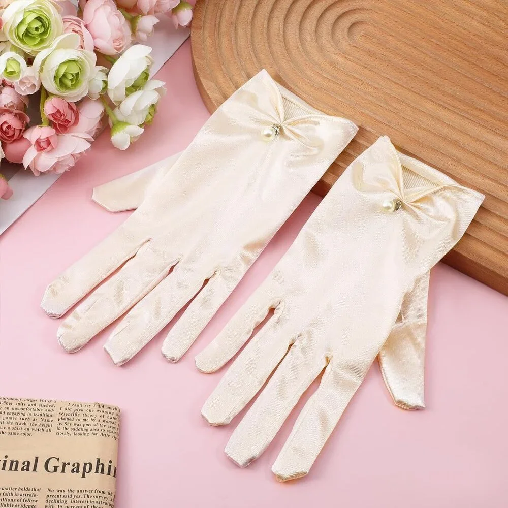 Women's Satin Short Length Pearl Gloves Cream Banquet Wedding Party Costume